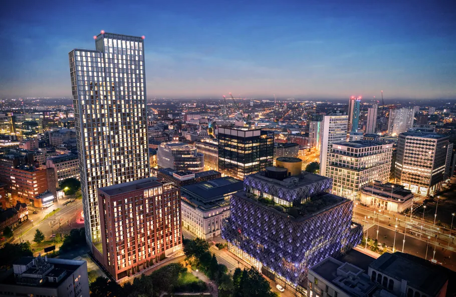 Aerial view of Edition's two towers, off Centenary Square, Birmingham