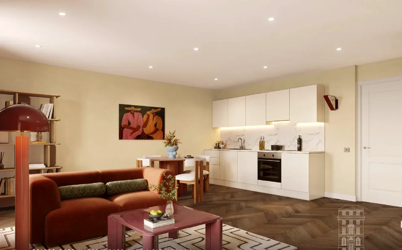 Open-plan living and kitchen at Priors Gate, Birmingham